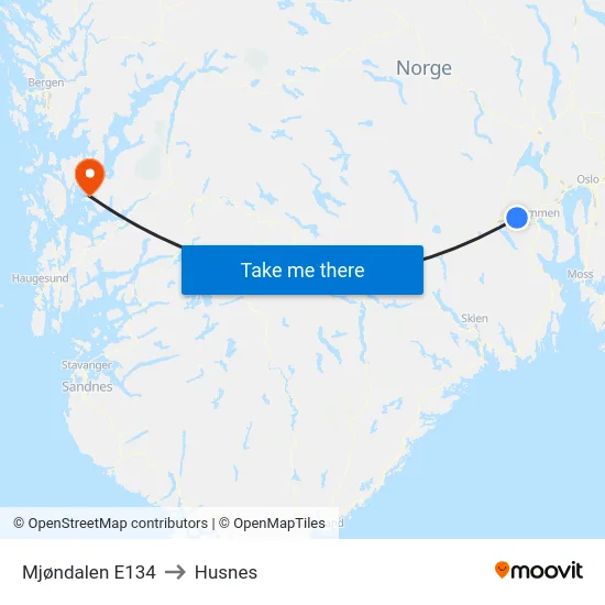 Mjøndalen E134 to Husnes map