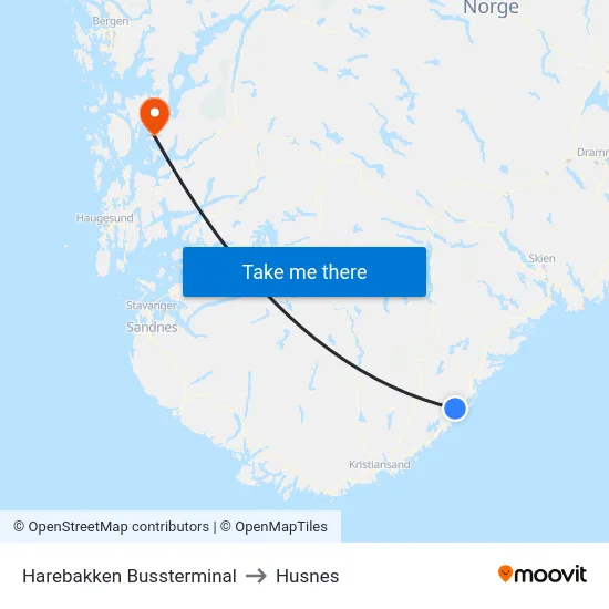 Harebakken Bussterminal to Husnes map