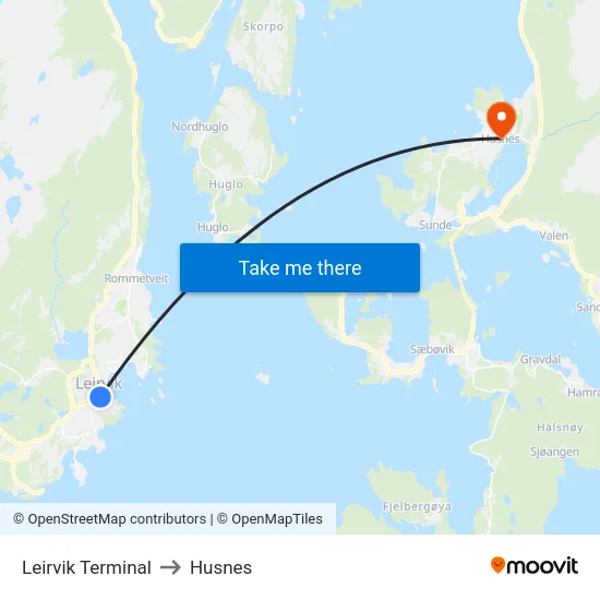 Leirvik Terminal to Husnes map