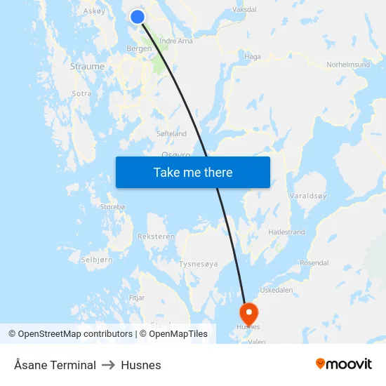 Åsane Terminal to Husnes map