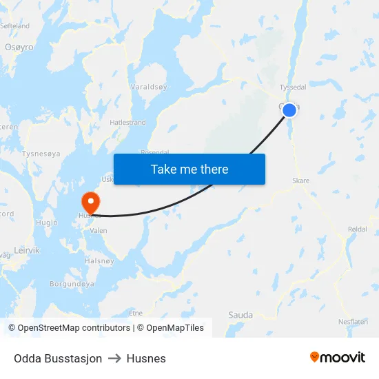 Odda Busstasjon to Husnes map