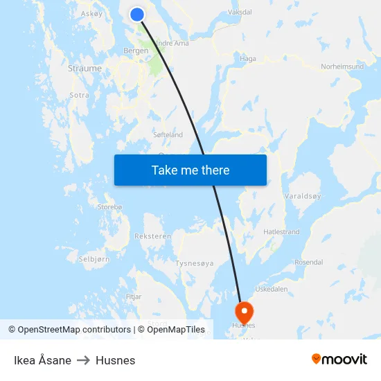 Ikea Åsane to Husnes map