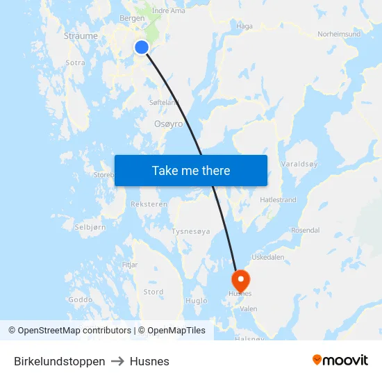 Birkelundstoppen to Husnes map