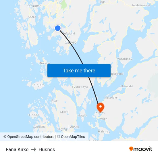 Fana Kirke to Husnes map