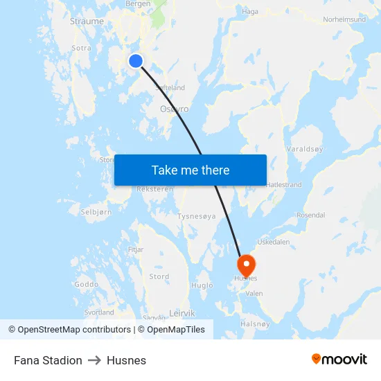 Fana Stadion to Husnes map