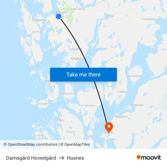 Damsgård Hovedgård to Husnes map