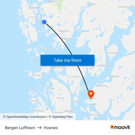 Bergen Lufthavn to Husnes map