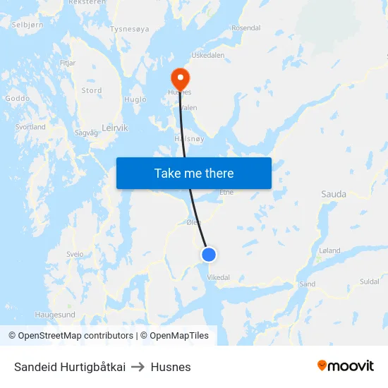 Sandeid Hurtigbåtkai to Husnes map