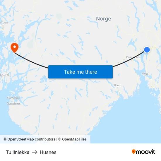Tullinløkka to Husnes map