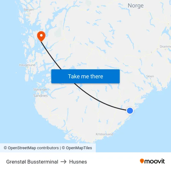 Grenstøl Bussterminal to Husnes map