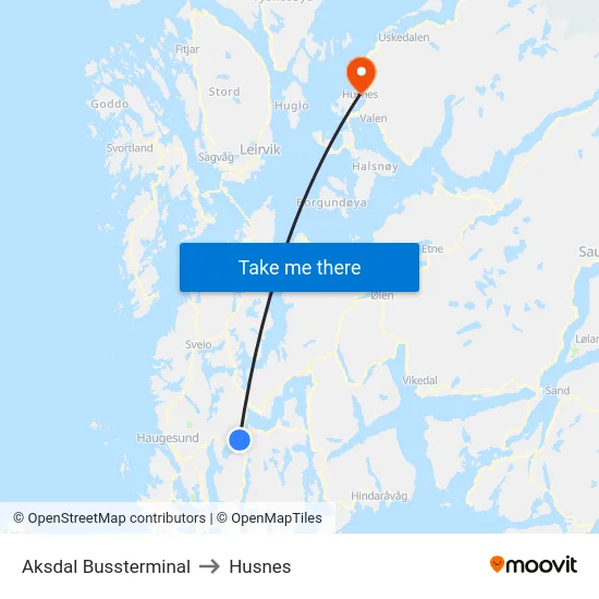 Aksdal Bussterminal to Husnes map