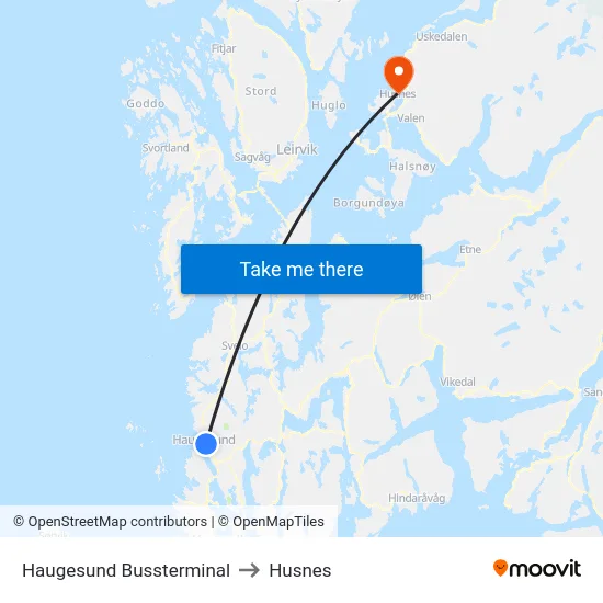 Haugesund Bussterminal to Husnes map