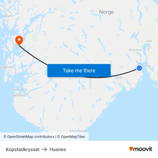 Kopstadkrysset to Husnes map