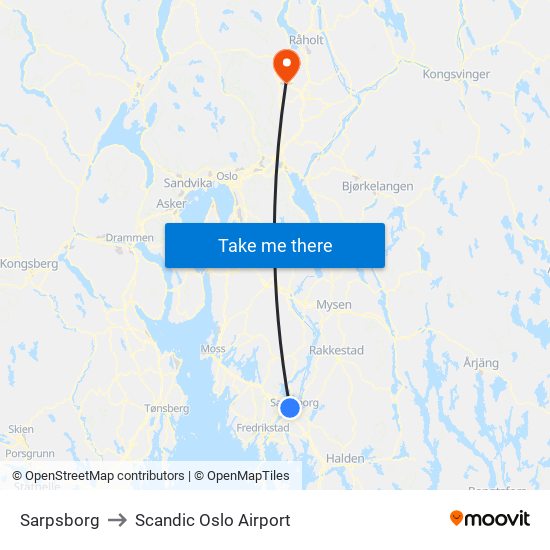 Sarpsborg to Scandic Oslo Airport map