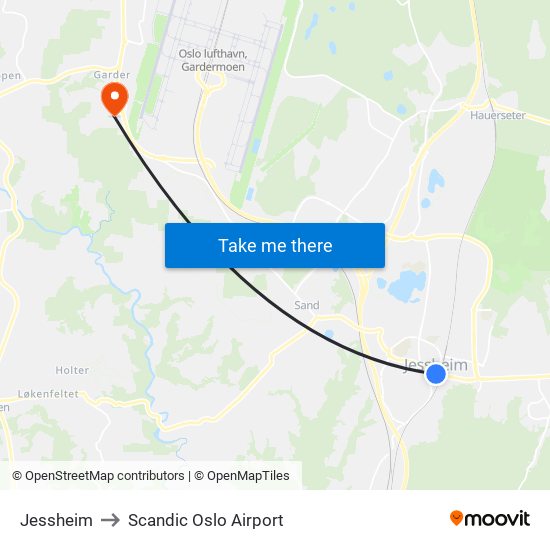 Jessheim to Scandic Oslo Airport map