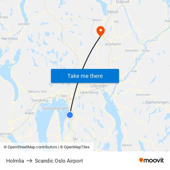 Holmlia to Scandic Oslo Airport map