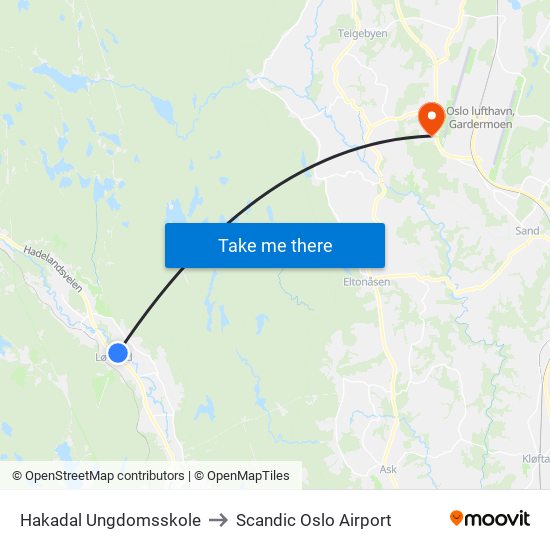 Hakadal Ungdomsskole to Scandic Oslo Airport map