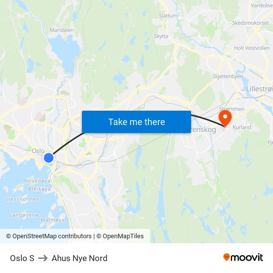 Oslo S to Ahus Nye Nord map