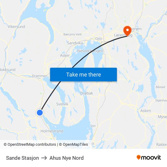 Sande Stasjon to Ahus Nye Nord map