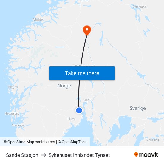 Sande Stasjon to Sykehuset Innlandet Tynset map