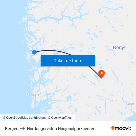 Bergen to Hardangervidda Nasjonalparksenter map