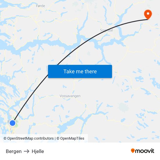 Bergen to Hjelle map