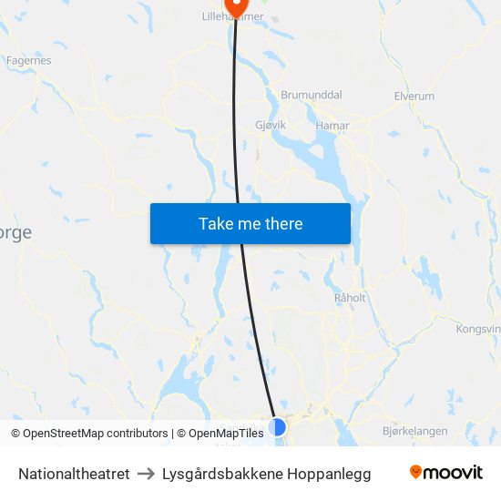 Nationaltheatret to Lysgårdsbakkene Hoppanlegg map