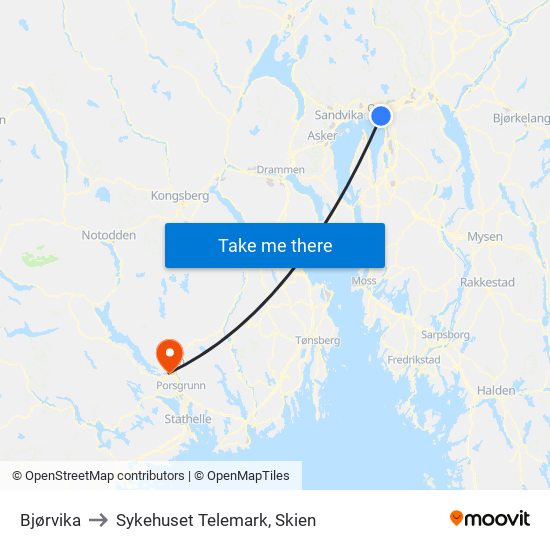 Bjørvika to Sykehuset Telemark, Skien map