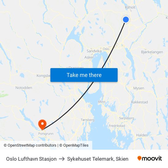 Oslo Lufthavn Stasjon to Sykehuset Telemark, Skien map