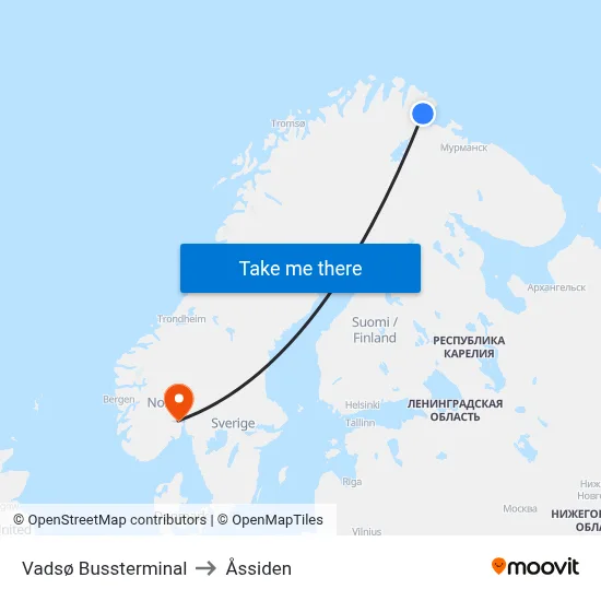 Vadsø Bussterminal to Åssiden map