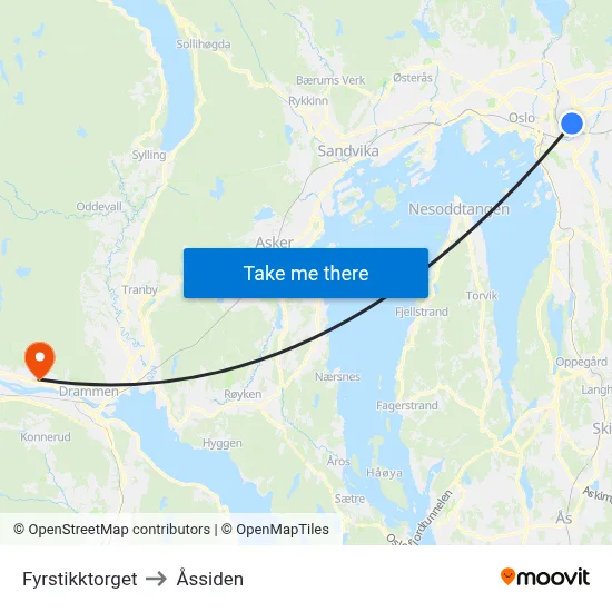 Fyrstikktorget to Åssiden map