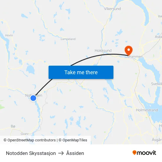 Notodden Skysstasjon to Åssiden map