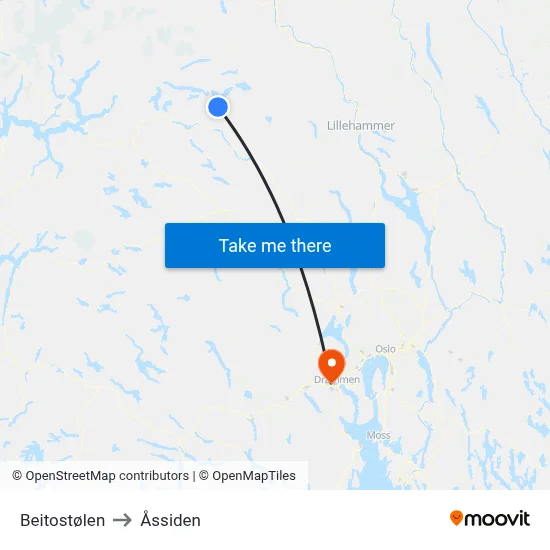 Beitostølen to Åssiden map