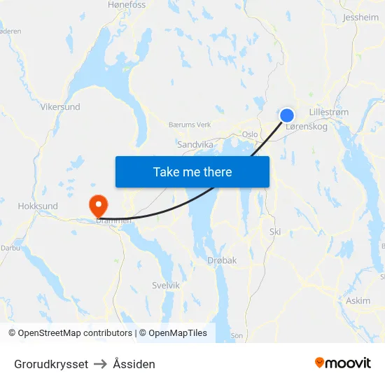 Grorudkrysset to Åssiden map
