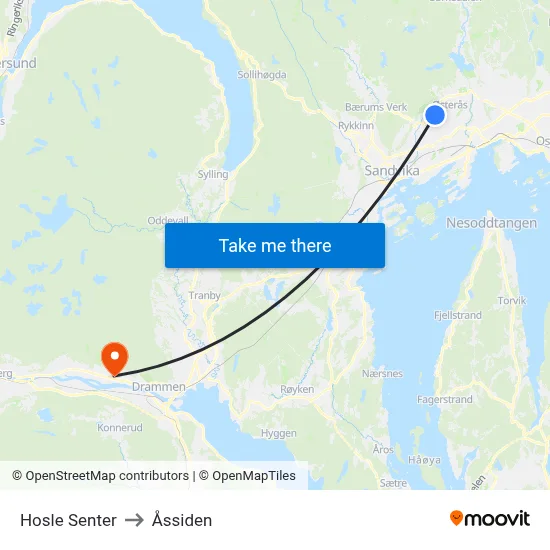 Hosle Senter to Åssiden map