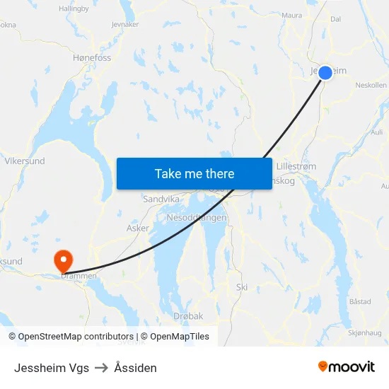 Jessheim Vgs. to Åssiden map