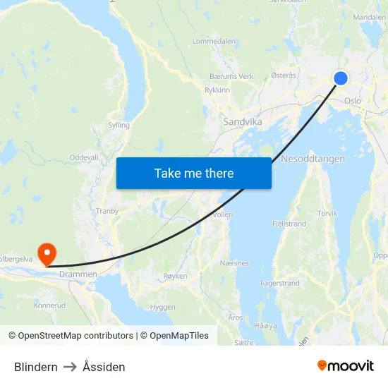 Blindern to Åssiden map