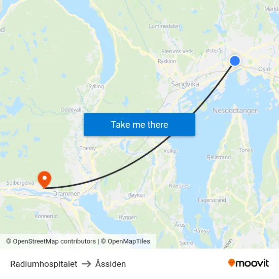 Radiumhospitalet to Åssiden map