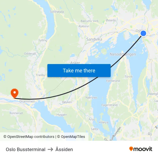 Oslo Bussterminal to Åssiden map