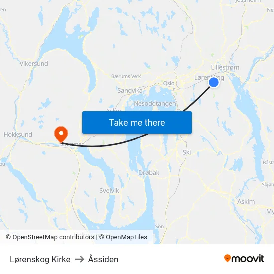 Lørenskog Kirke to Åssiden map