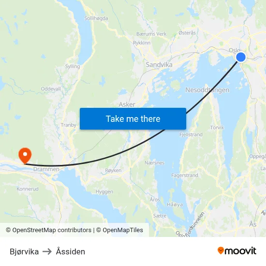 Bjørvika to Åssiden map