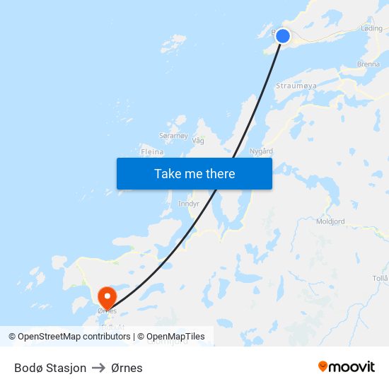 Bodø Stasjon to Ørnes map