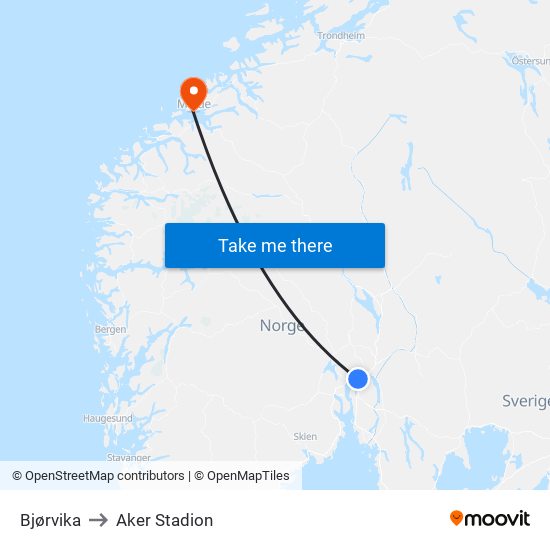 Bjørvika to Aker Stadion map