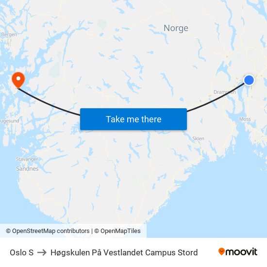 Oslo S to Høgskulen På Vestlandet Campus Stord map