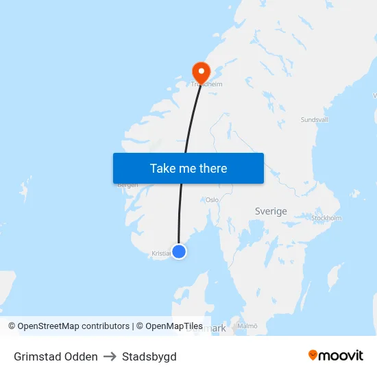 Grimstad Odden to Stadsbygd map