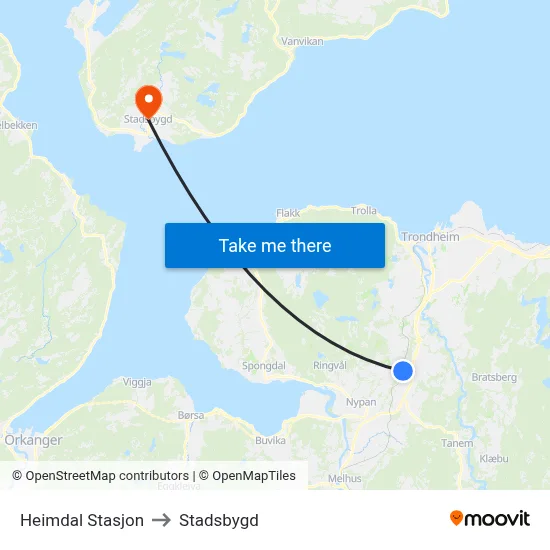 Heimdal Stasjon to Stadsbygd map