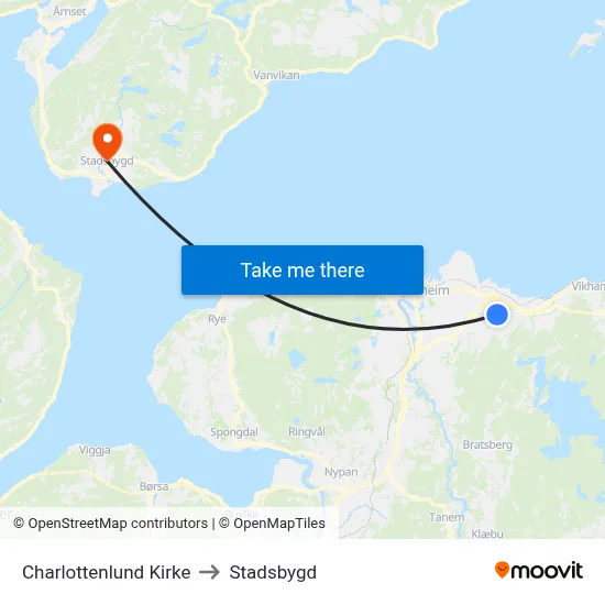 Charlottenlund Kirke to Stadsbygd map