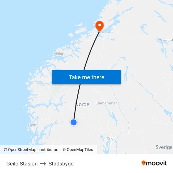 Geilo Stasjon to Stadsbygd map
