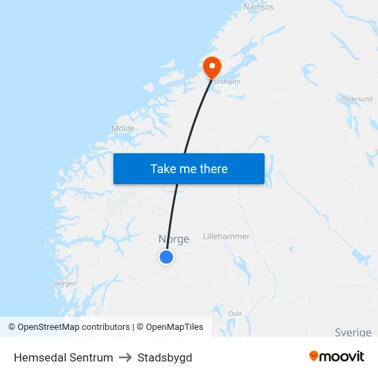 Hemsedal Sentrum to Stadsbygd map