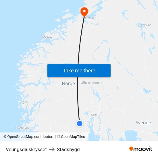 Veungsdalskrysset to Stadsbygd map